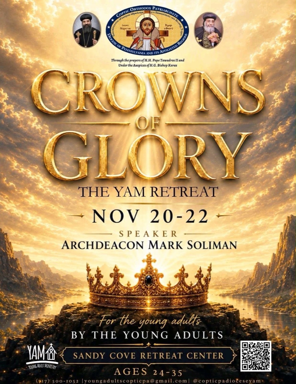 Crowns of Glory YAM Retreat flyer: November 20–22, Sandy Cove Retreat Center, ages 24–35, speaker Archdeacon Mark Soliman