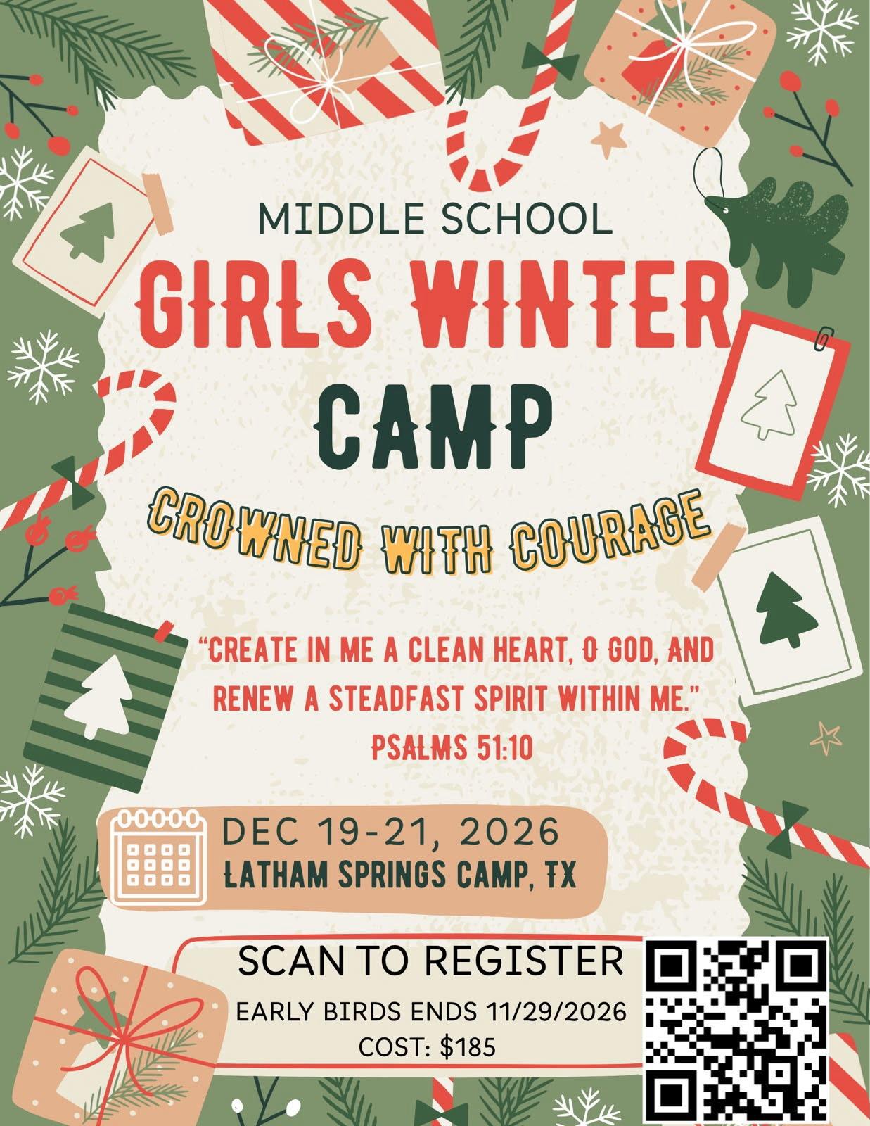 Middle School Girls Winter Camp flyer: Crowned with Courage, December 19–21, 2026, at Latham Springs Camp, Texas, cost $185, early birds end November 29