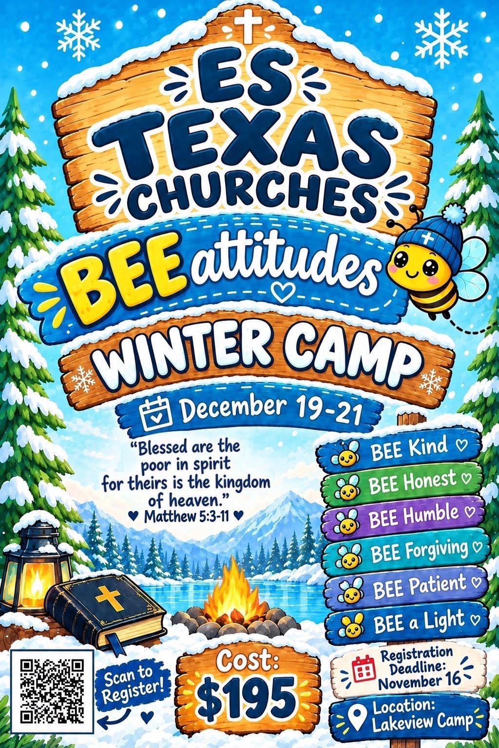 BEEatitudes Winter Camp flyer for elementary school children of the Texas churches: December 19–21, Lakeview Camp, cost $195, registration deadline November 16